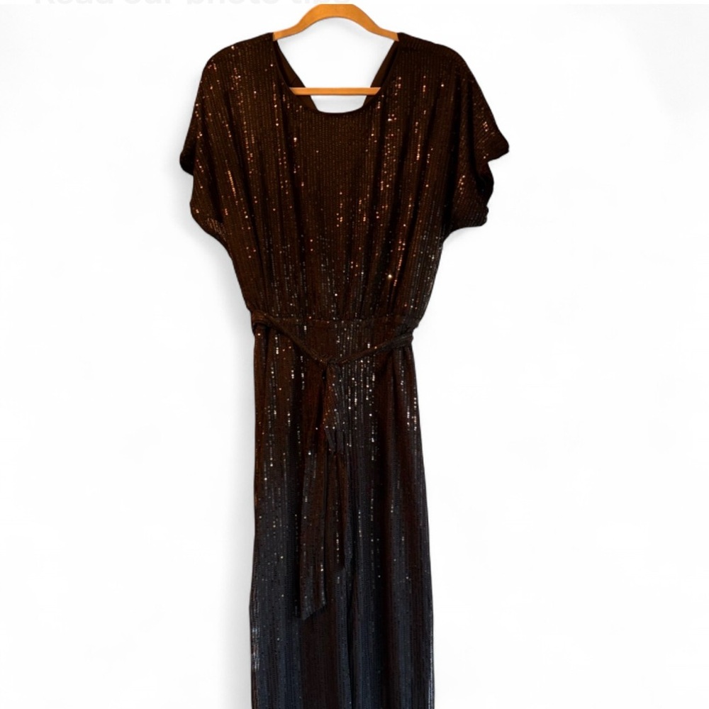 IN BLOOM Black Sequin Disco Jumpsuit Wide Leg Elastic Waist Party Outfit L